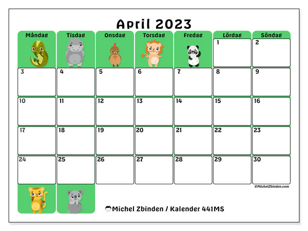 Kalender april 2023 för att skriva ut. Månadskalender “441MS” och schema för gratis utskrift
