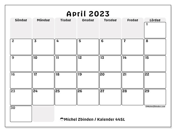 Kalender april 2023 för att skriva ut. Månadskalender “44SL” och almanak för gratis utskrift