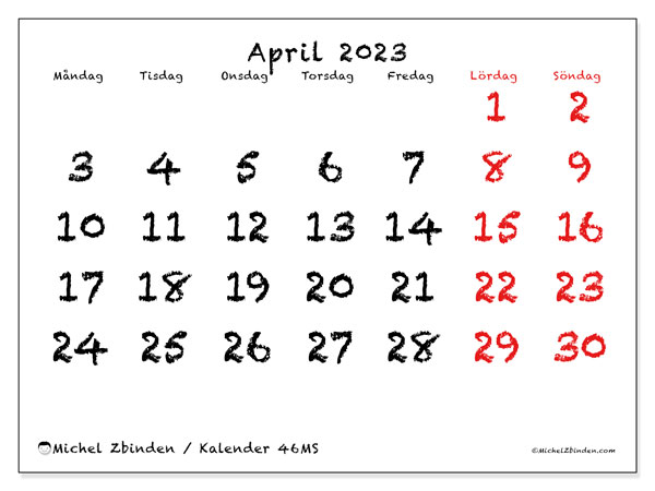 Kalender april 2023 för att skriva ut. Månadskalender “46MS” och gratis utskrivbar tidtabell