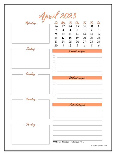Kalender april 2023 för att skriva ut. Månadskalender “47SL” och tidtabell att skriva ut gratis