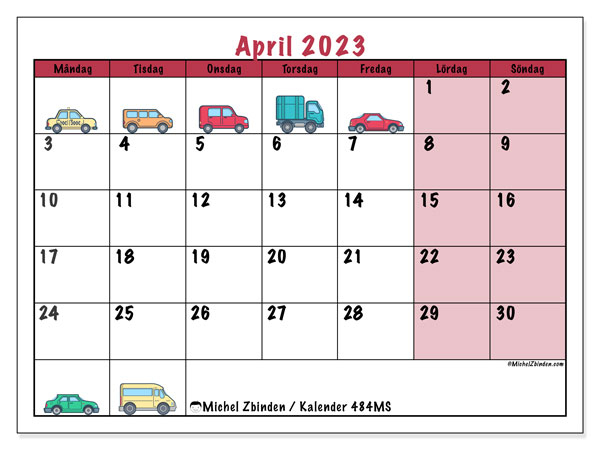Kalender april 2023 för att skriva ut. Månadskalender “484MS” och schema för gratis utskrift