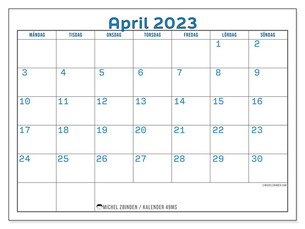 49MS, kalender april 2023, för utskrift, gratis.