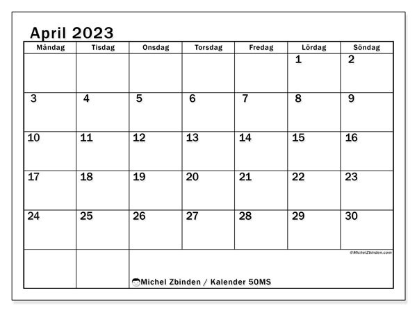 Kalender april 2023 för att skriva ut. Månadskalender “50MS” och gratis almanak som ska skrivas ut