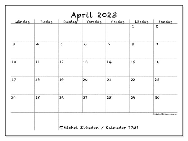 Kalender april 2023 för att skriva ut. Månadskalender “77MS” och schema att skriva ut gratis