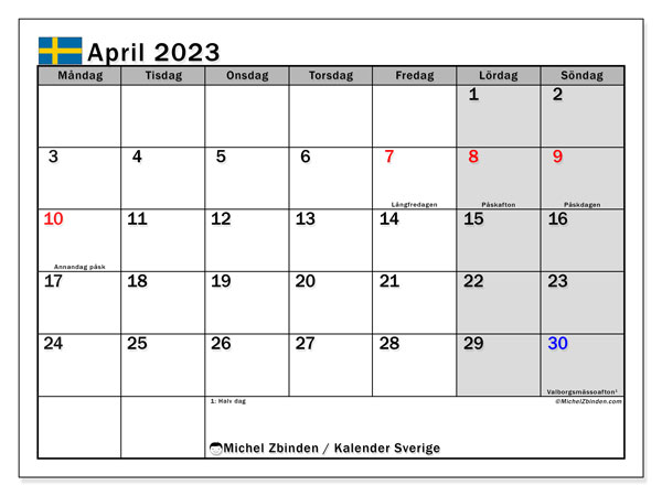 Sverige, kalender april 2023, för utskrift, gratis.