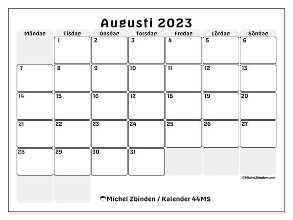 Kalender augusti 2023, 44MS. Schema för gratis utskrift.