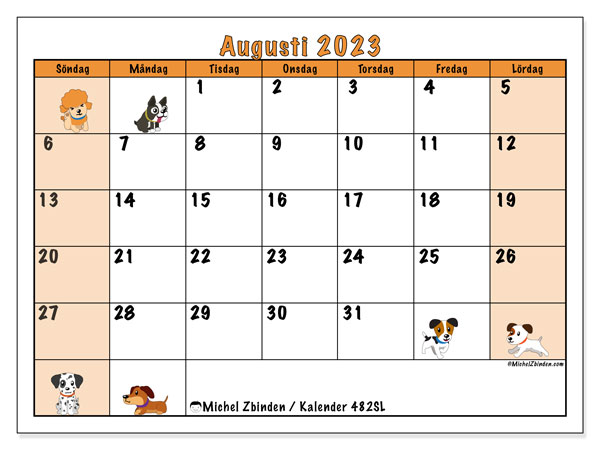 Kalender augusti 2023, 482SL. Schema för gratis utskrift.