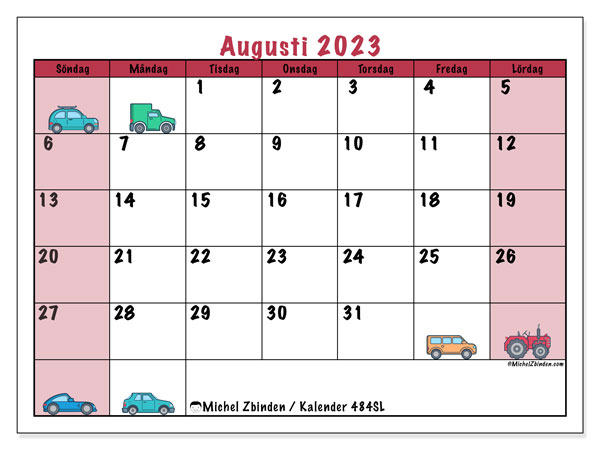 Kalender augusti 2023 “484”. Gratis kalender som kan skrivas ut.. Söndag till lördag