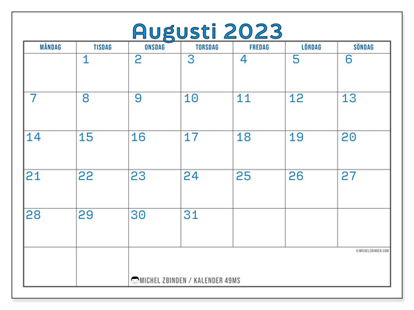 Kalender augusti 2023, 49MS. Gratis karta som kan skrivas ut.