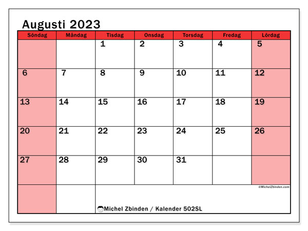Kalender augusti 2023, 502SL. Schema för gratis utskrift.