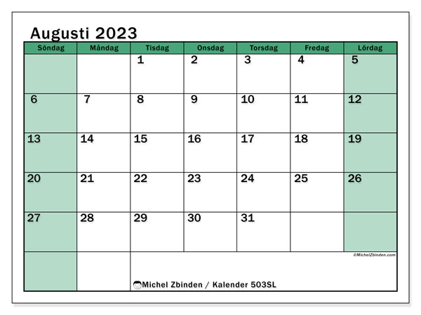 Kalender augusti 2023, 503SL. Schema för gratis utskrift.