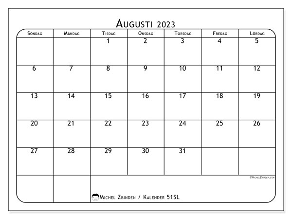 Kalender augusti 2023, 51SL. Schema för gratis utskrift.