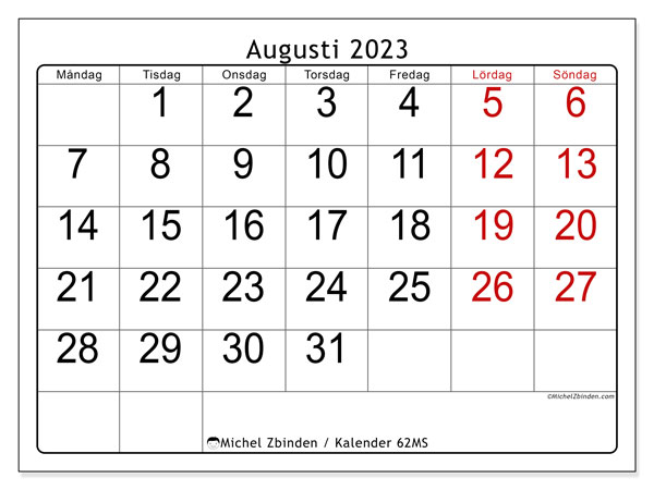 Kalender augusti 2023, 62MS. Schema för gratis utskrift.