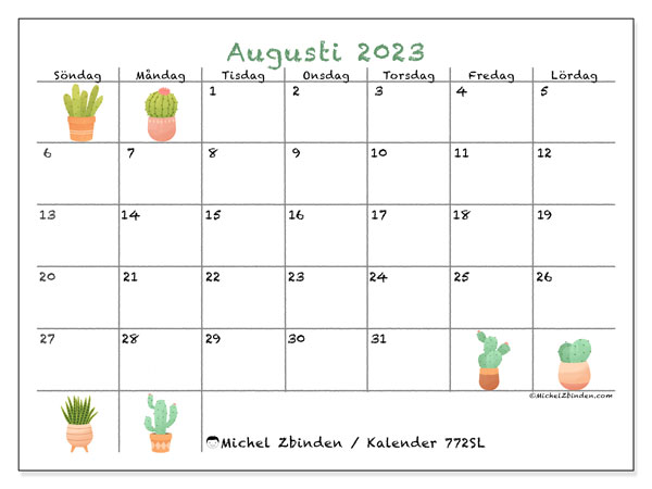 Kalender augusti 2023, 772SL. Schema för gratis utskrift.