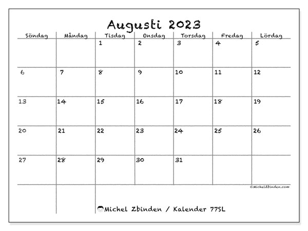 Kalender augusti 2023, 77SL. Schema för gratis utskrift.