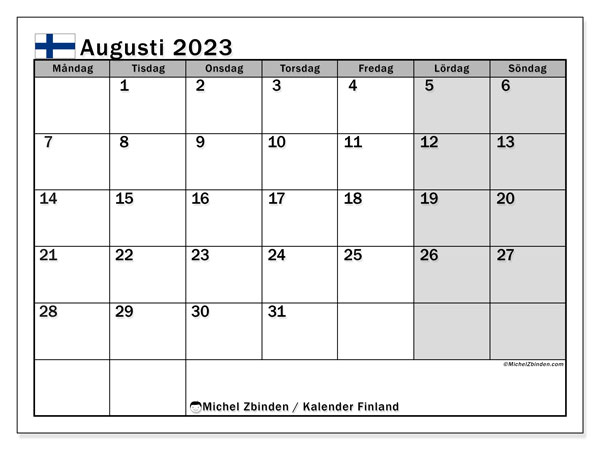 Calendario agosto 2023, Finlandia(SV). Programa para imprimir gratis.