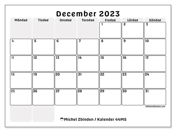 Kalender december 2023 “44”. Gratis karta som kan skrivas ut.. Måndag till söndag