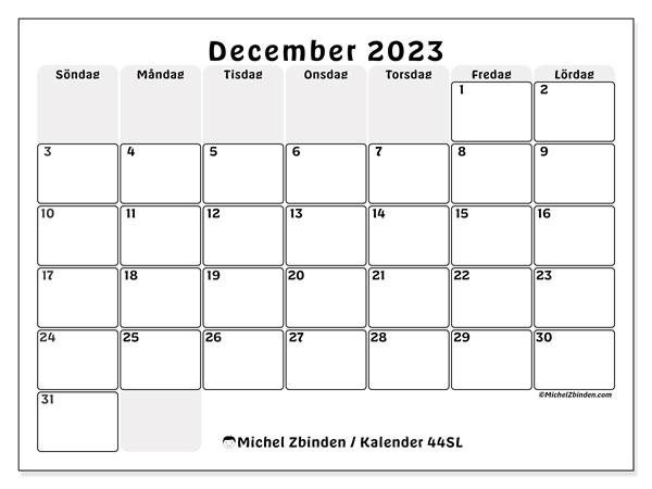 Kalender december 2023 “44”. Gratis karta som kan skrivas ut.. Söndag till lördag