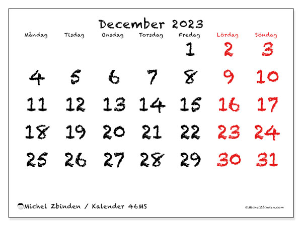 Kalender december 2023, 46MS. Gratis karta som kan skrivas ut.