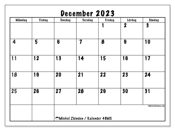 Kalender december 2023, 48MS. Gratis kalender som kan skrivas ut.
