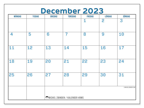 Kalender december 2023, 49MS. Gratis utskrivbart program.