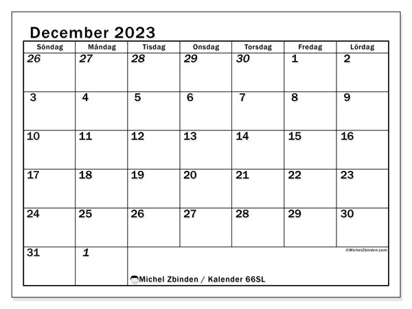 Kalender december 2023, 501SL. Gratis utskrivbart program.