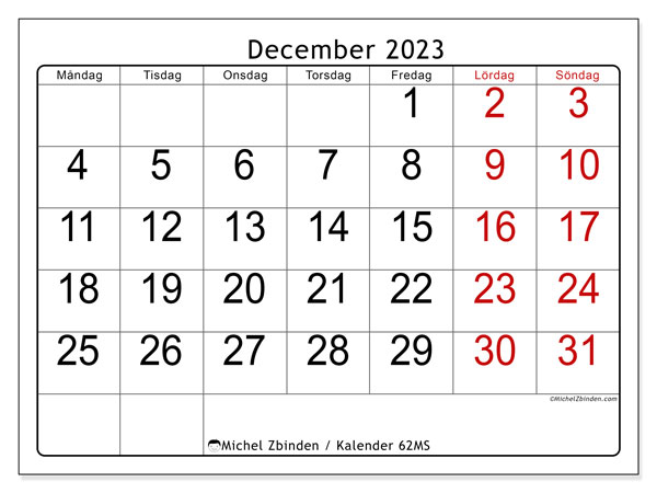 Kalender december 2023, 62MS. Gratis utskrivbart program.