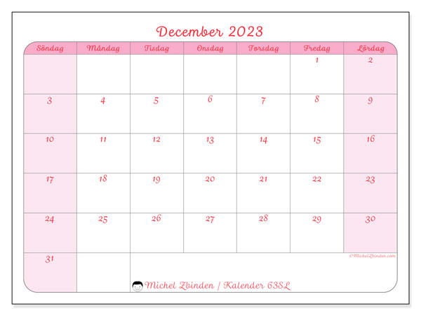Kalender december 2023, 63SL. Gratis karta som kan skrivas ut.