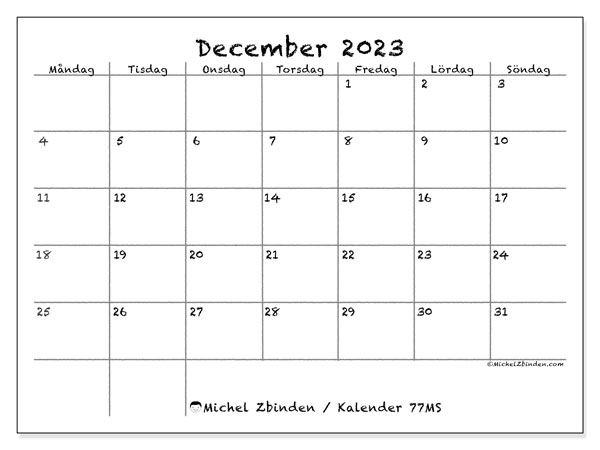 Kalender december 2023, 77MS. Gratis utskrivbart program.
