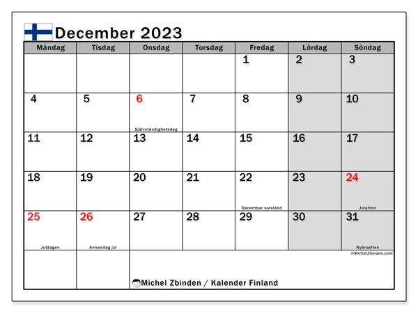 Kalender december 2023, Finland (SV). Gratis kalender til print.