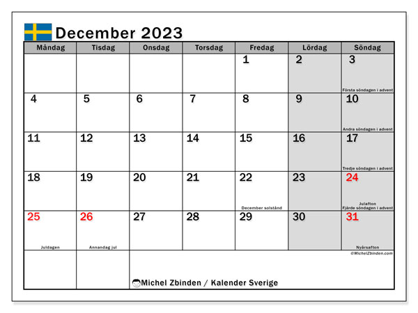 Calendrier décembre 2023, Suède (SV), prêt à imprimer et gratuit.