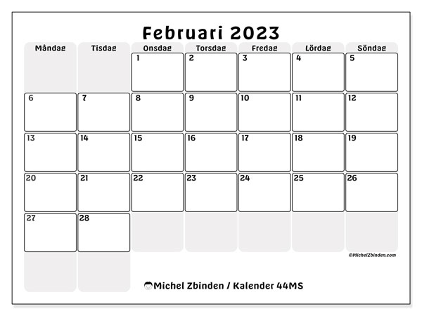 Kalender februari 2023 för att skriva ut. Månadskalender “44MS” och gratis utskrivbar tidtabell