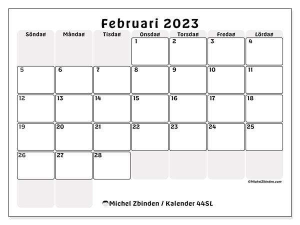 Kalender att skriva ut, februari 2023, 44SL
