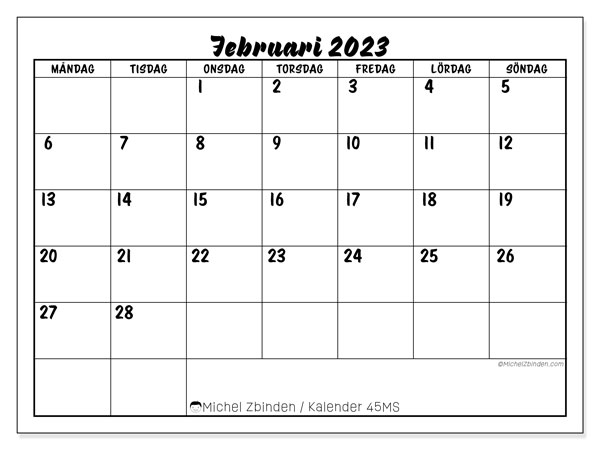 45MS, kalender februari 2023, för utskrift, gratis.
