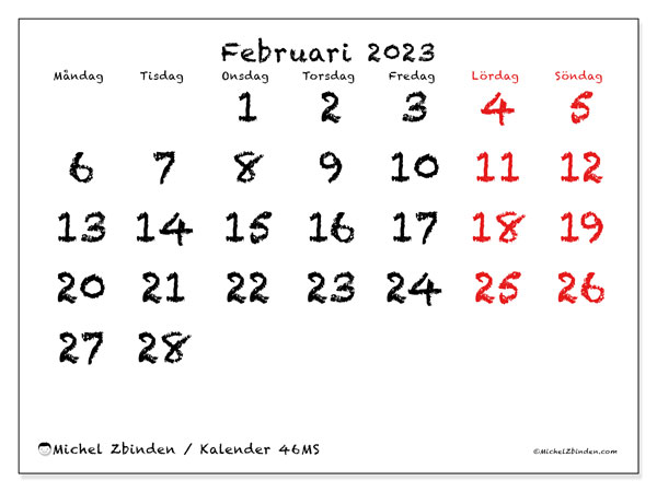 Kalender februari 2023 för att skriva ut. Månadskalender “46MS” och gratis schema som ska skrivas ut