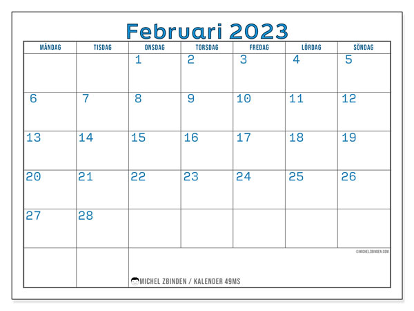 49MS, kalender februari 2023, för utskrift, gratis.