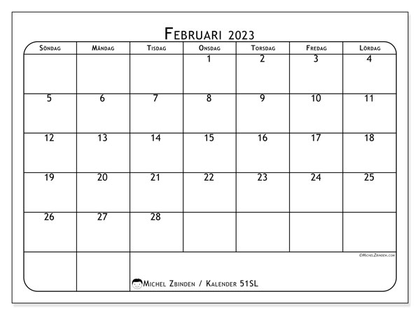 Kalender att skriva ut, februari 2023, 51SL
