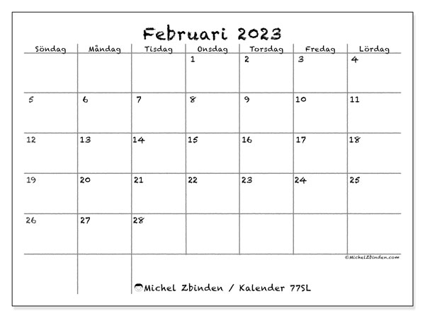 Kalender att skriva ut, februari 2023, 77SL