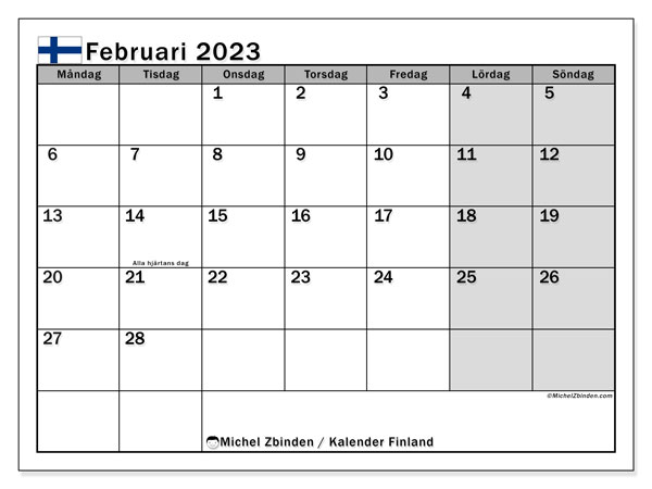 Kalender “Finland” för att skriva ut med helgdagar. Månadskalender februari 2023 och gratis almanak som ska skrivas ut.
