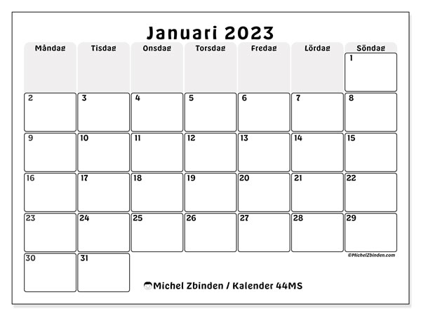 Kalender januari 2023 för att skriva ut. Månadskalender “44MS” och gratis utskrivbar almanak