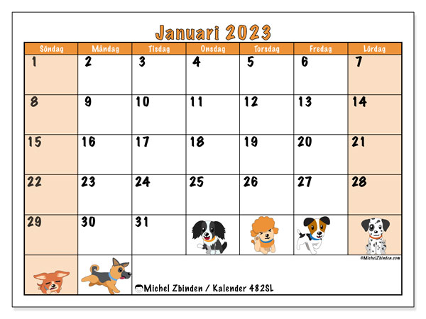 Kalender att skriva ut, januari 2023, 482SL