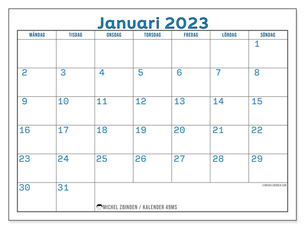 49MS, kalender januari 2023, för utskrift, gratis.