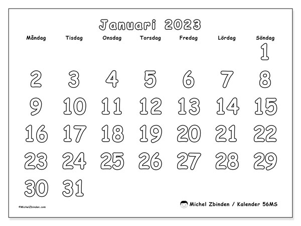 Kalender att skriva ut, januari 2023, 56MS