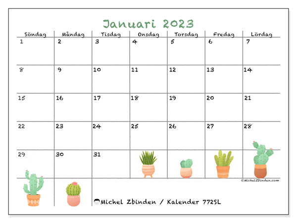 Kalender januari 2023 för att skriva ut. Månadskalender “772SL” och gratis utskrivbar almanak