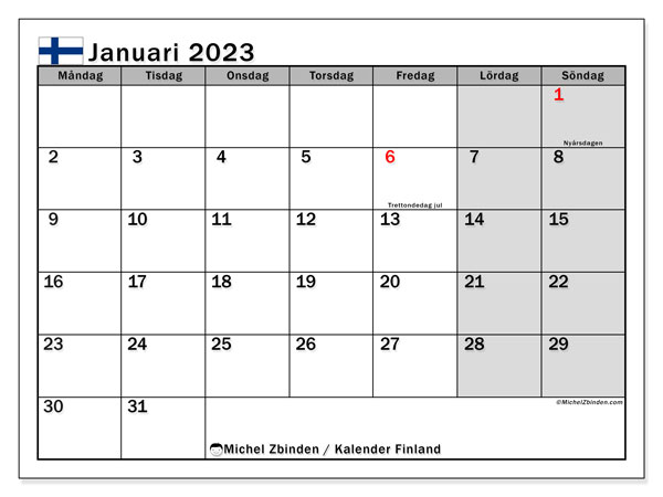 Kalender “Finland” för att skriva ut med helgdagar. Månadskalender januari 2023 och gratis schema som ska skrivas ut.