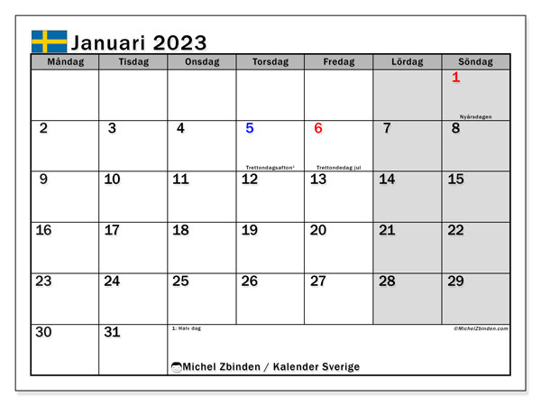 Sverige, kalender januari 2023, för utskrift, gratis.