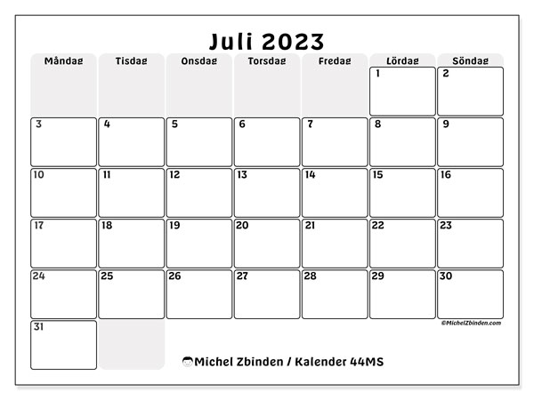 Kalender juli 2023 “44”. Gratis utskrivbart program.. Måndag till söndag