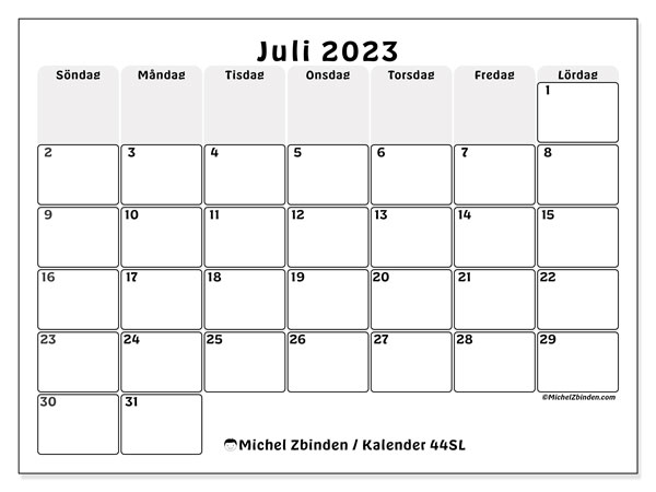 Kalender juli 2023 “44”. Gratis utskrivbart program.. Söndag till lördag