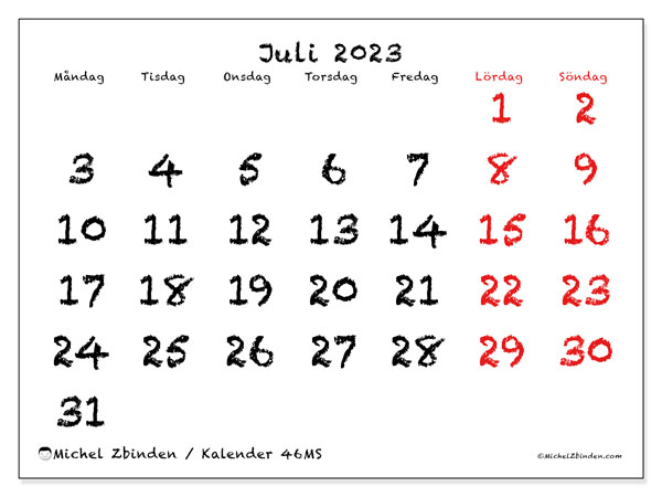 Kalender juli 2023, 46MS. Gratis karta som kan skrivas ut.