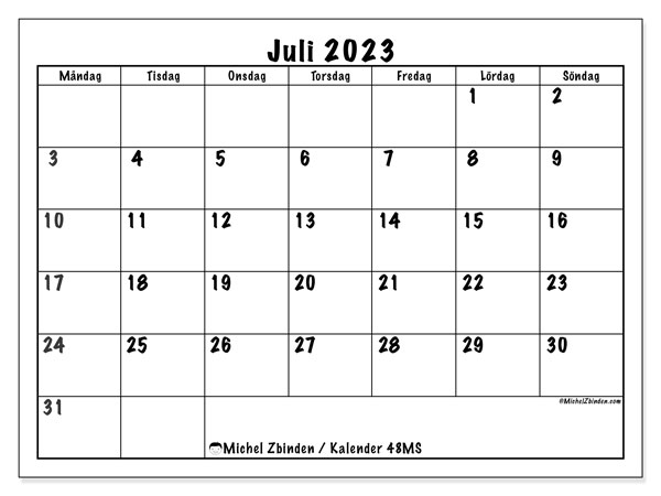 48MS, kalender juli 2023, för utskrift, gratis.